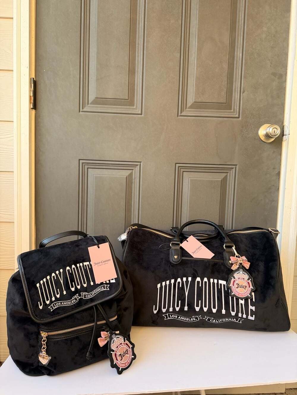 Set 2 Juicy Couture Black Velour Couture University Weekender & Backpack Set